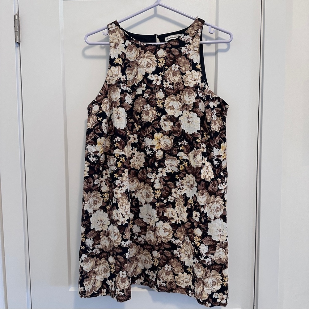 Abercrombie & Fitch High Neck Linen Blend Mini Dress in a Brown Floral Pattern